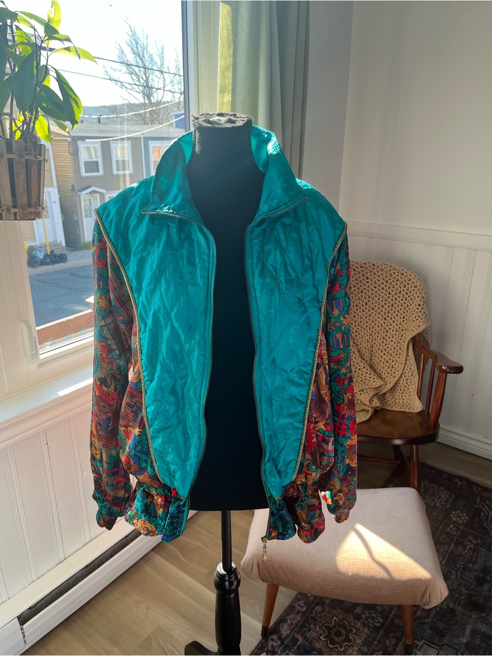 Vintage Teal Multicolor Women's Bomber Jacket zip up size Large
